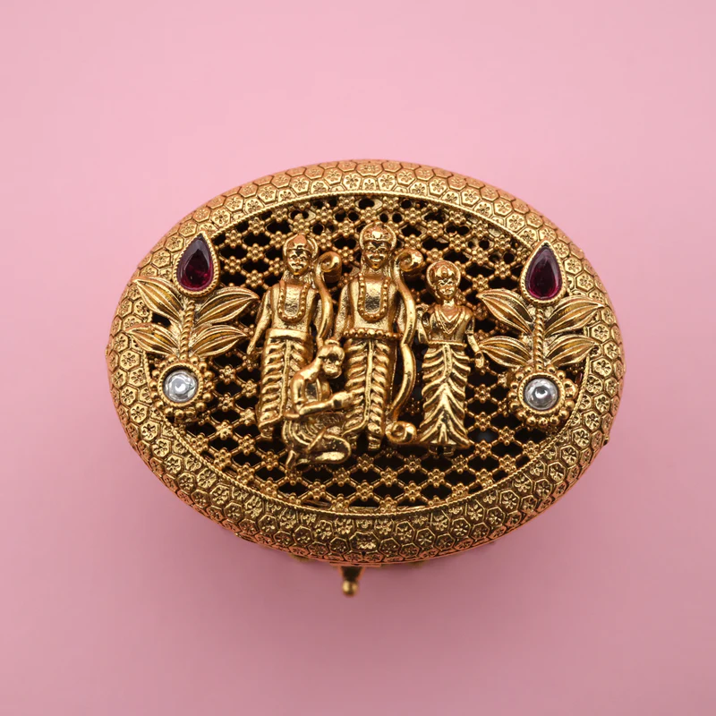 Antique Gold Kemp Ram Parivar Kumkum Box